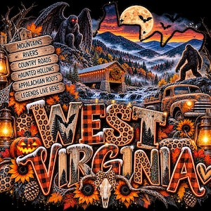 以下が含まれることがあります： バッファローチェックとヒョウ柄のパターンで「WEST VIRGINIA」と書かれたグラフィックデザイン。木製の看板、屋根付きの橋、ヴィンテージトラック、カボチャ、ヒマワリ、頭蓋骨、そして神話上の生き物が描かれています。