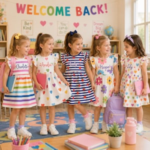 May include: Five children wearing short-sleeved dresses with personalized names and colorful patterns including stripes, hearts, and flowers. The children are standing in a classroom with a banner that reads WELCOME BACK and various wall decorations.