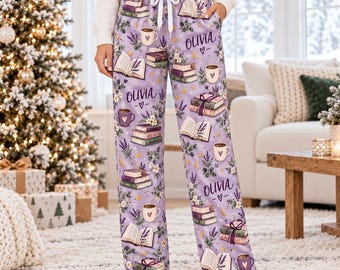 Personalized Book Lover Pajama Pants, Custom Name Straight Pajama Pants, Cozy Reading Lounge Pants, Gift For Bookworms