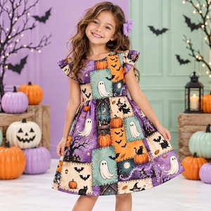 May include: A short-sleeved dress featuring a patchwork-style print with Halloween motifs including white ghosts, orange pumpkins, black cats, and flying bats on a background of purple, orange, and cream panels with a ruffled sleeve detail.