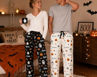 Personalized Halloween Pajama Pants, Custom Name Ghost Pumpkin Pajamas, Matching Couple Lounge Pants, Spooky Halloween Gift