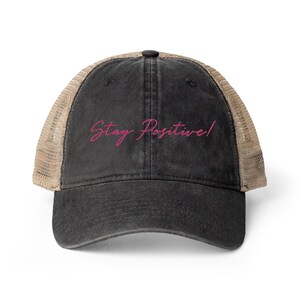 Stay Positive Embroidered Cap | Cursive Script Washed Mesh-Back Hat | Inspirational Trucker Hat | Positive Vibes Gift by Thread Atelier Co