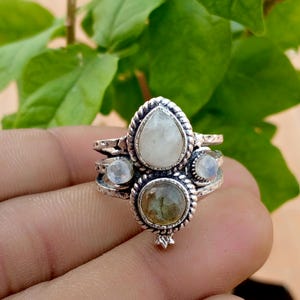 Rainbow Moonstone & Labradorite Ring, 925 Sterling Silver Ring, Handmade Boho Gemstone Ring, Statement Ring, Gift for Her