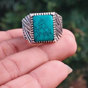Türkis-Edelsteinring, Statement-Ring aus 925er Sterlingsilber, Herrenring, rechteckiger blaugrüner Stein, handgefertigtes Geschenk