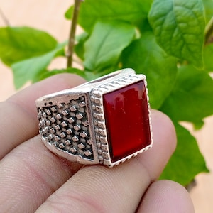 Natural Garnet Ring for Men | 925 Sterling Silver Rectangle Statement Ring | Handmade Red Garnet Gemstone Ring | Gift for Him