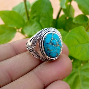 Men's Ring, Blue Copper Turquoise Ring, 925 Sterling Silver Handmade Statement Ring, Vintage Artisan Jewelry Gift for Him