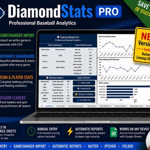 Puede incluir: Un ordenador portátil que muestra la interfaz del software de análisis de béisbol profesional DiamondStats PRO. La pantalla presenta datos de rendimiento del equipo, líderes de bateo y gráficos. Una insignia amarilla destaca la versión 2.0.