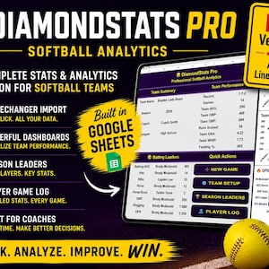 May include: DiamondStats Pro softball analytics software displayed on a tablet screen. The interface shows team summaries, batting leaders, and performance charts. A yellow softball sits in the foreground. Text includes "NEW! Version 2.0" and "Built in Google Sheets."