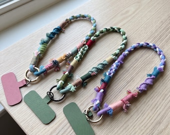 Braided Phone Lanyard: Handmade Cotton Wrist Strap, Colorful Keyring Charm