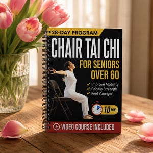 May include: A spiral-bound book titled 28-Day Program Chair Tai Chi For Seniors Over 60. The cover features a person in white clothing sitting on a chair with arms outstretched, text about mobility and strength, a clock icon, and Video Course Included.