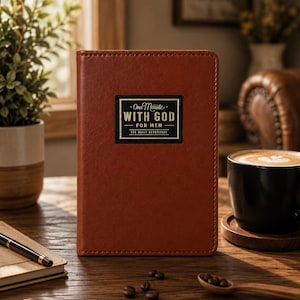 May include: A rectangular, rust-colored devotional book with a smooth, leather-like cover. A black rectangular label on the front features gold text that reads: One Minute WITH GOD FOR MEN 365 DAILY DEVOTIONAL, enclosed in a thin gold border.