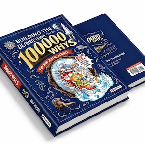 May include: A dark blue hardcover book titled Building the Ultimate Brain 100000 Whys Fun and Joyful Science by Doge Wilson. The cover features a cartoon illustration of animals on a roller coaster, a dinosaur, a rocket, and the text 100000 Whys.