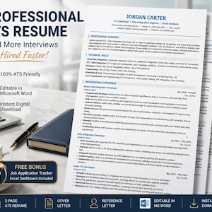 Könnte beinhalten: Eine professionelle Lebenslaufvorlage mit Abschnitten für Zusammenfassung, technische Fähigkeiten und Erfahrung. Der Text enthält Überschriften wie Professional ATS Resume, Jordan Carter und Details zu einem kostenlosen Bonus für die Bewerbungsverfolgung.
