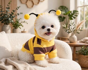 Costume da ape per cani, felpa con cappuccio per gatti, maglione per animali domestici a righe gialle con antenne a pon pon