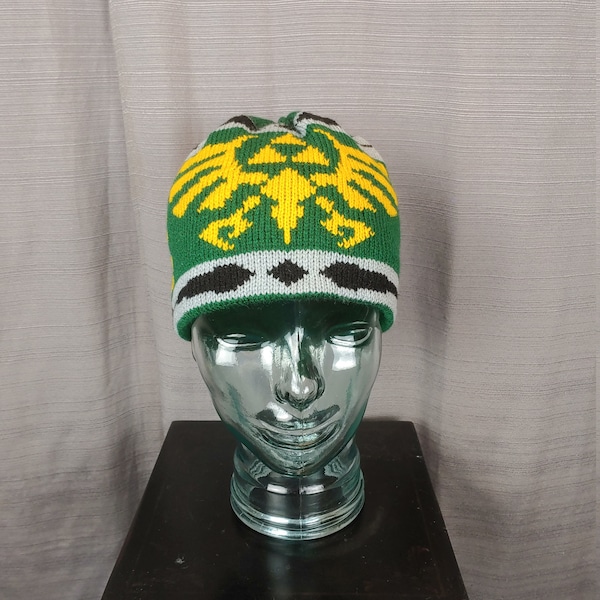 Triforce Beanie Hat: Medium, Hunter Green with Yellow & Gray