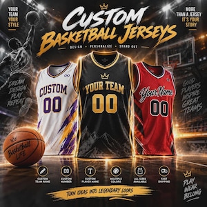 May include: Three sleeveless basketball jerseys in white, black, and red with custom text and numbers. The jerseys feature V-necks and athletic mesh fabric. Text includes CUSTOM, YOUR TEAM, and Your Name with the number 00 on each jersey.