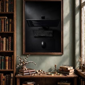 Puede incluir: Un expositor de pared enmarcado que presenta un monitor de ordenador negro con código, un teclado mecánico negro y un ratón de ordenador negro sobre una alfombrilla, todo montado en un marco de madera oscura sobre una pared verde salvia.