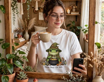 T-shirt Grenouille Cottagecore | T-shirt Boutique de Potions | T-shirt Sorcière Grenouille | Automne Halloween Confortable | Grenouille Sorcière