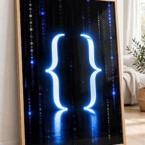 May include: A framed wall art piece featuring a glowing neon blue set of curly brackets centred against a dark background filled with vertical streams of binary code and small square icons in shades of blue and white.