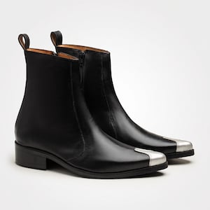 Handcrafted Black Leather Chelsea Boots, Silver Toe Cap, Western Cuban Heel