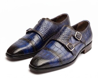 Handmade Blue Crocodile Monk Strap Shoes, Calfskin Leather, Formal Footwear
