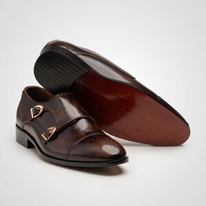 Leather sole and heel view of handcrafted double monk strap dress shoe