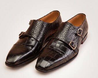 Handmade Crocodile Embossed Monk Strap Shoes, Black Leather, Red Sole, Rose Gold Buckles