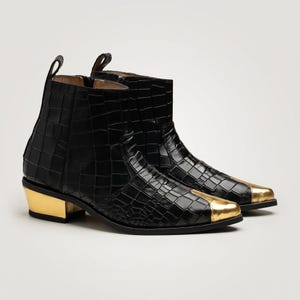 Men's Croc Embossed Leather Boots, Gold Toe Cuban Heel Chelsea, Western Dress Zip Boot