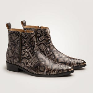 Men's Python Print Leather Boots, Snakeskin Pointed Metal Toe Ankle Boots, Handmade Side Zip Western Dress Boots, Gift for Him