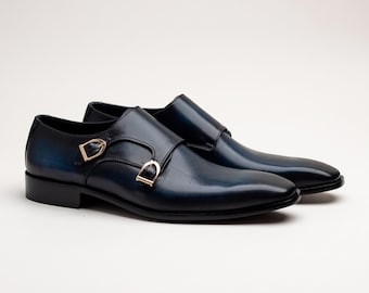 Handmade Navy Blue Calfskin Monk Strap Shoes, Gold Buckle, Hand-Painted Sole (Formal Groomsmen Gift)