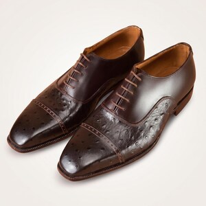 May include: A pair of dark brown leather oxford shoes featuring a textured ostrich quill pattern on the toe cap and side panels, a smooth leather heel section, a cap toe with decorative stitching, and matching brown laces with a low heel.