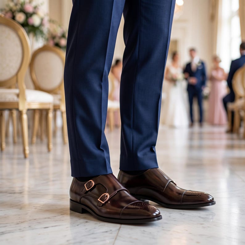 Close-up lifestyle shot of double monk strap shoes styled with a suit for a wedding or formal event