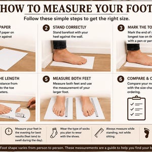 May include: An instructional infographic titled HOW TO MEASURE YOUR FOOT with six numbered steps showing how to measure feet using paper, a wall, and a ruler. It includes tips on measuring in the evening, wearing socks, and choosing the larger size.