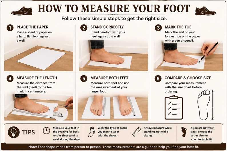 May include: An instructional infographic titled HOW TO MEASURE YOUR FOOT with six numbered steps showing how to measure feet using paper, a wall, and a ruler. It includes tips on measuring in the evening, wearing socks, and choosing the larger size.