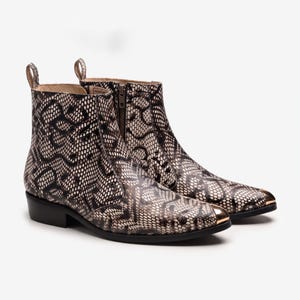 Men's Python Print Leather Boots, Pointed Metal Tip Ankle Boots for Men, Handmade Snake Print Western Boots, Inside Zip Dress Boot