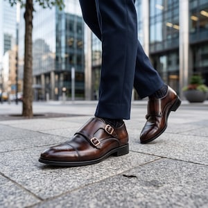 Man wearing hand painted dark brown double monk strap shoes with tailored trousers, lifestyle shot