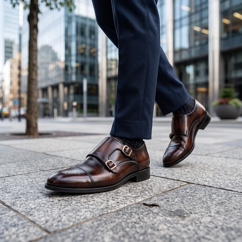 Man wearing hand painted dark brown double monk strap shoes with tailored trousers, lifestyle shot