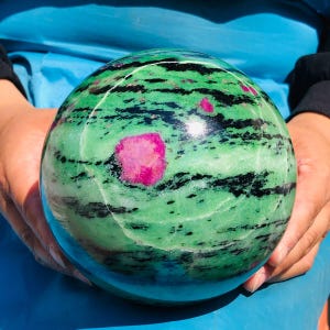 Natural Ruby Zoisite Sphere, Large Polished Crystal Ball, Heart Chakra Meditation Decor