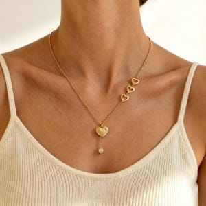 Gold Plated Heart Shell Lariat Necklace, Boho Beach Jewelry, Romantic Gift
