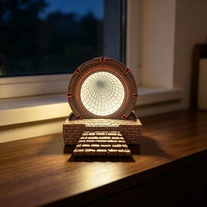 Puede incluir: Una lámpara de espejo infinito circular con un marco de textura de piedra y detalles en rojo, montada sobre una base rectangular de piedra con una pequeña escalera que conduce al centro. El interior del anillo muestra un túnel de luz brillante.