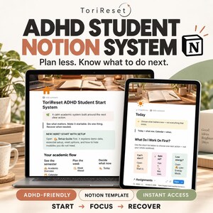 ADHD Student Notion Planner | Academic Dashboard, Assignment & Exam Tracker, Study Timer, Catch-Up System