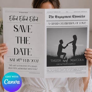 Puede incluir: Una tarjeta de save the date estilo periódico titulada The Engagement Chronicles. El lado izquierdo presenta el texto Extra! Extra! Extra! SAVE THE DATE SAT 14TH FEB 2027. El lado derecho muestra una silueta en blanco y negro de una pareja con el texto THIZER and MALCOLM ARE GETTING MARRIED!