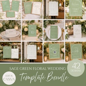 May include: A collection of sage green and white wedding stationery templates featuring floral line art and arched frames. The set includes invitations, menus, table numbers, seating charts, and signage, all designed for customisation in Canva.