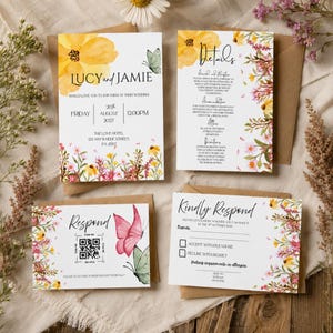 May include: A wedding invitation suite featuring white cards with yellow floral and butterfly illustrations. The text includes Lucy and Jamie, Details, Respond, and Kindly Respond, with a QR code for digital responses and brown envelopes.