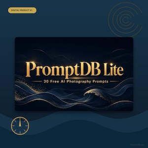 May include: A digital product graphic featuring the gold text PromptDB Lite and the subtitle 30 Free AI Photography Prompts. The background consists of dark blue, flowing, wave-like abstract shapes with gold accents and a clock icon.