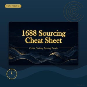 Op de afbeelding: Een digitale productgids getiteld 1688 Sourcing Cheat Sheet China Factory Buying Guide. De rechthoekige afbeelding bevat gouden tekst op een donkerblauwe achtergrond met abstracte golfpatronen en gouden glitteraccenten.