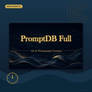May include: A digital product graphic titled PromptDB Full with the subtitle 120 AI Photography Prompts. The design features gold text on a dark blue background with flowing, wave-like abstract lines accented with gold particles and a clock icon.