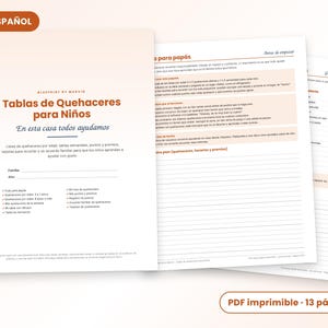 Peut inclure: Un ensemble de tableaux de tâches imprimables pour enfants intitulé Tablas de Quehaceres para Niños. Le document comprend des listes, des tableaux hebdomadaires, des points, des récompenses et des cartes à découper sur fond blanc.