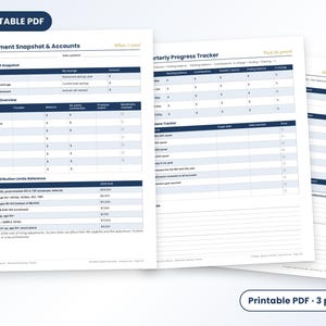 May include: A three-page printable PDF retirement planning document featuring a Retirement Snapshot and Accounts page, a Quarterly Progress Tracker, and a Milestones Tracker with tables for savings goals, account balances, and 2024 contribution limits.