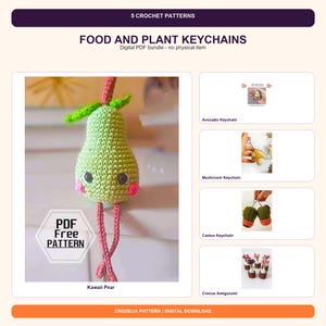 Peut inclure: Un ensemble numérique PDF de 5 modèles de crochet pour porte-clés en forme de nourriture et de plantes, incluant poire, avocat, champignon, cactus et crocus. L'image principale montre une poire crochetée vert clair avec des joues roses.